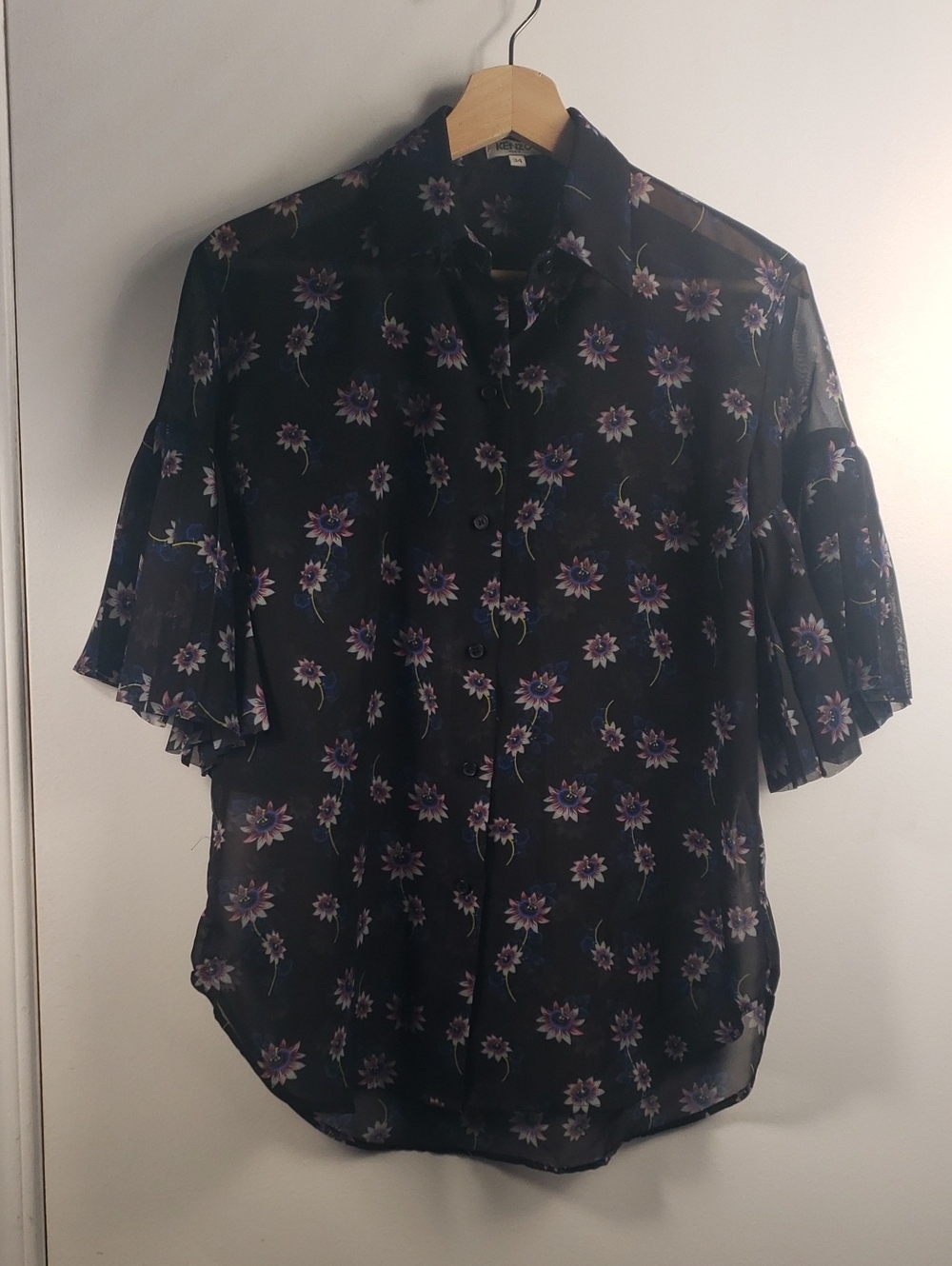 Kenzo Black Button-Down Shirt with Purple Floral Print Size 34